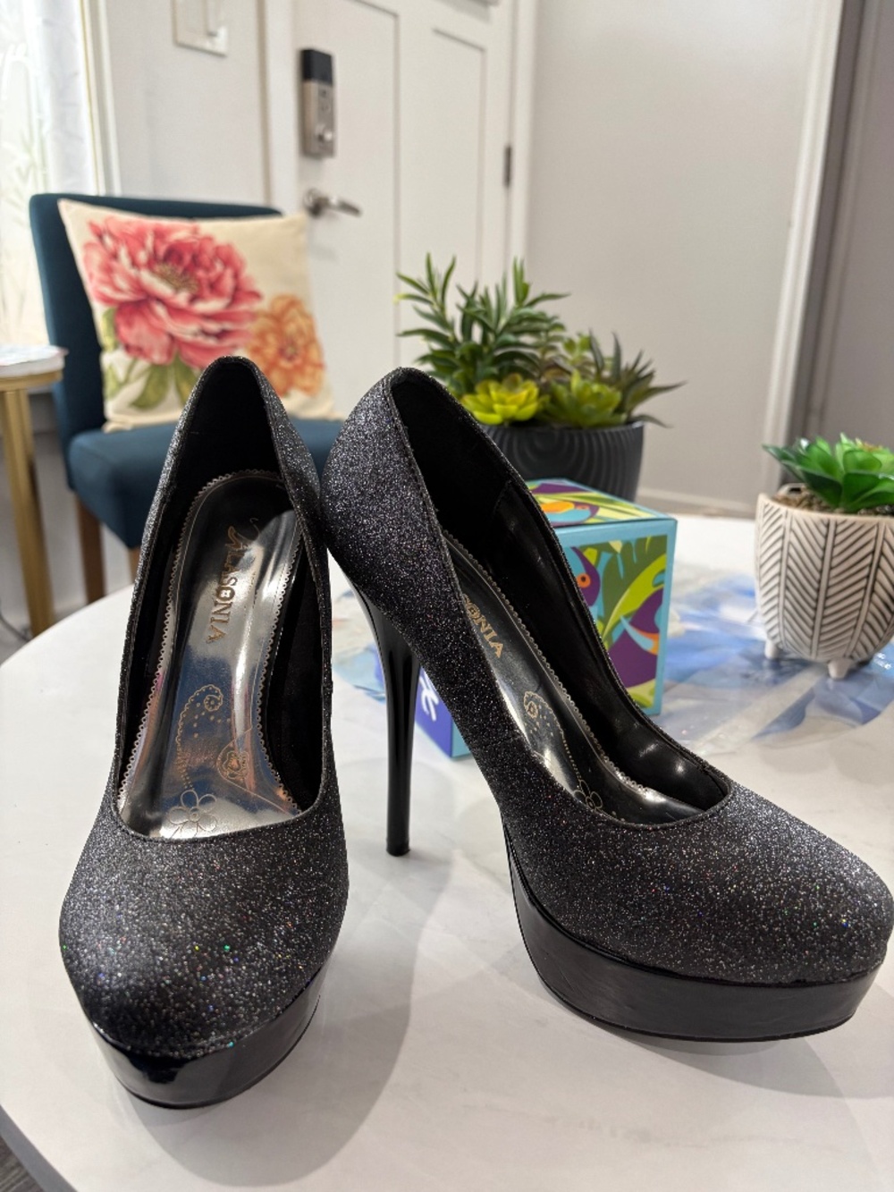 Lasonia Black Glitter Platform Stiletto Heel Pumps Coquette Dark Fairy Goth